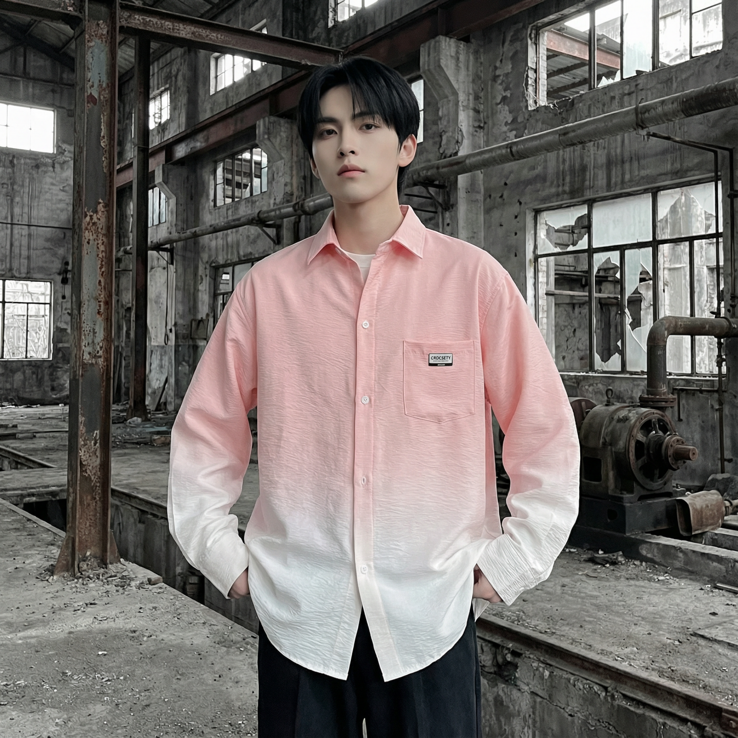 2026现货渐变长袖衬衫水洗褶皱宽松潮流休闲衬衣DS651-P58，男装衬衫，星座1017