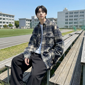 现货 2026春复古美式格子长袖衬衫毛边宽松衬衣 SC245-P58，男装衬衫，星座1017