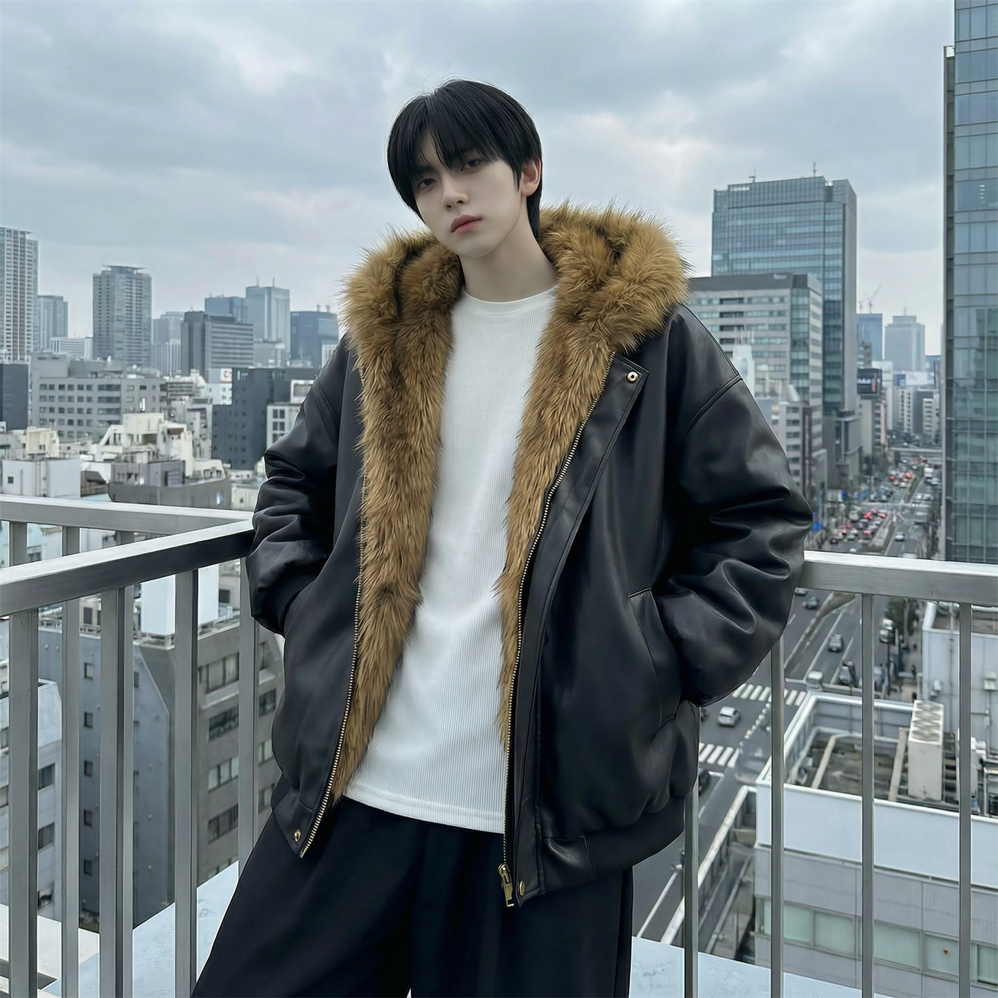 现货痞帅皮衣两面穿外套新款加厚PU皮毛一体机车外套M2483-P138，男装皮衣，星座1017