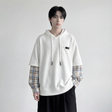 现货春季连帽卫衣男潮牌ins假两件拼接格子慵懒风W8212-P68，男装卫衣，星座1017