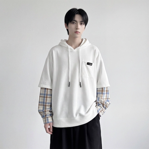 现货 春季连帽卫衣男潮牌ins假两件拼接格子慵懒风 W8212-P68图片