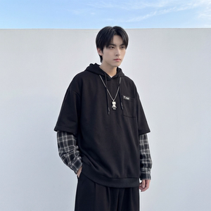 现货 春季连帽卫衣男潮牌ins假两件拼接格子慵懒风 W8212-P68图片