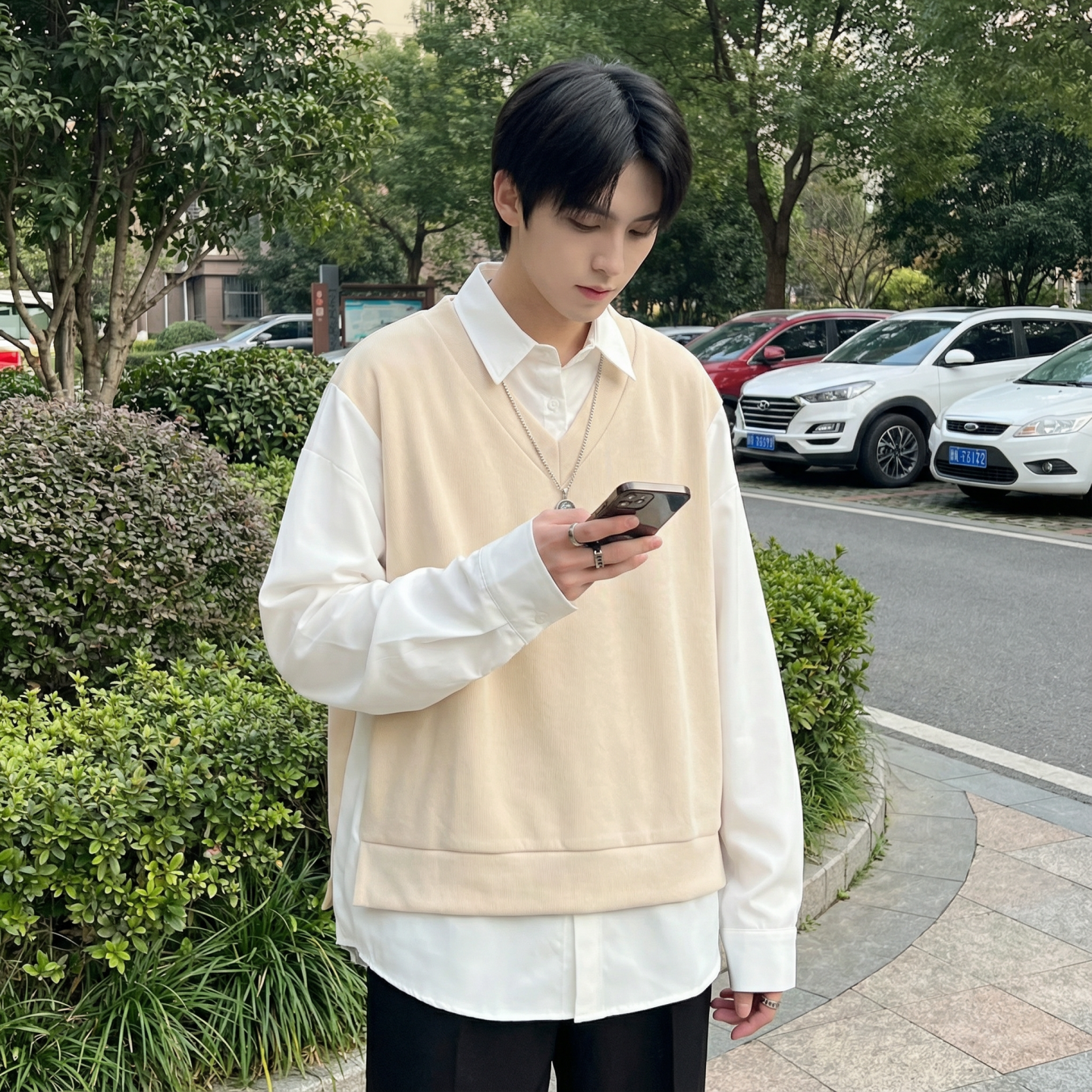 现货假两件长袖衬衫宽松衬衣港风休闲百搭上衣GK25-P58，男装衬衫，星座1017