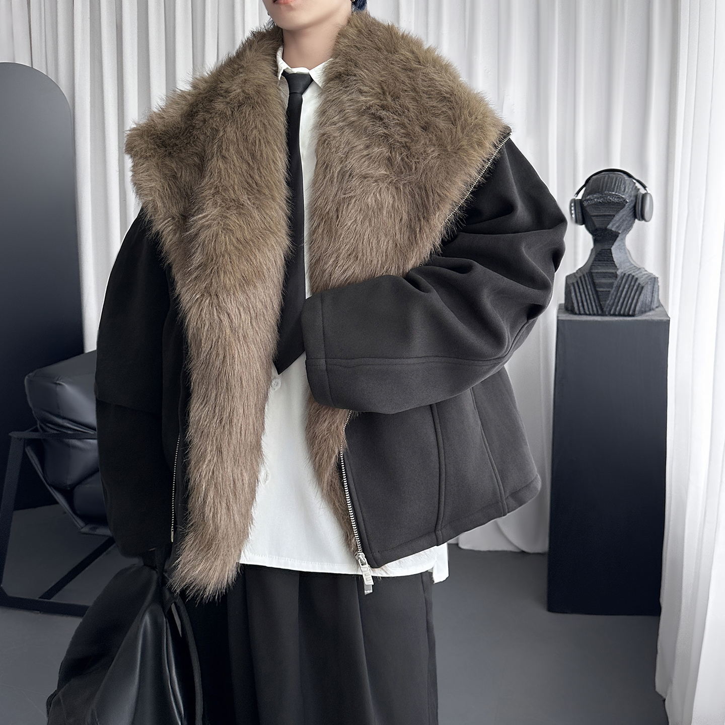 斜拉链座山雕兔毛加绒托卡棉服厚外套男冬 M6523-P148