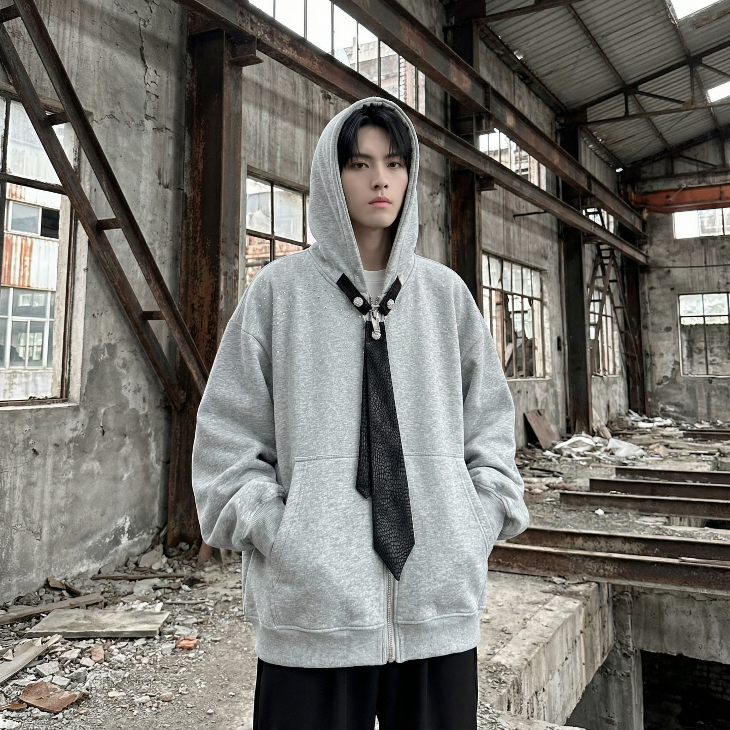 现货小众烫钻可拆卸领带设计连帽卫衣重磅宽松慵懒外套W2056-P89，女装短外套，星座1017