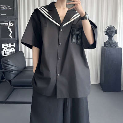 现货水手服DK学院风衬衫复古海军领皮蝴蝶结宽松男上衣 H382-P58