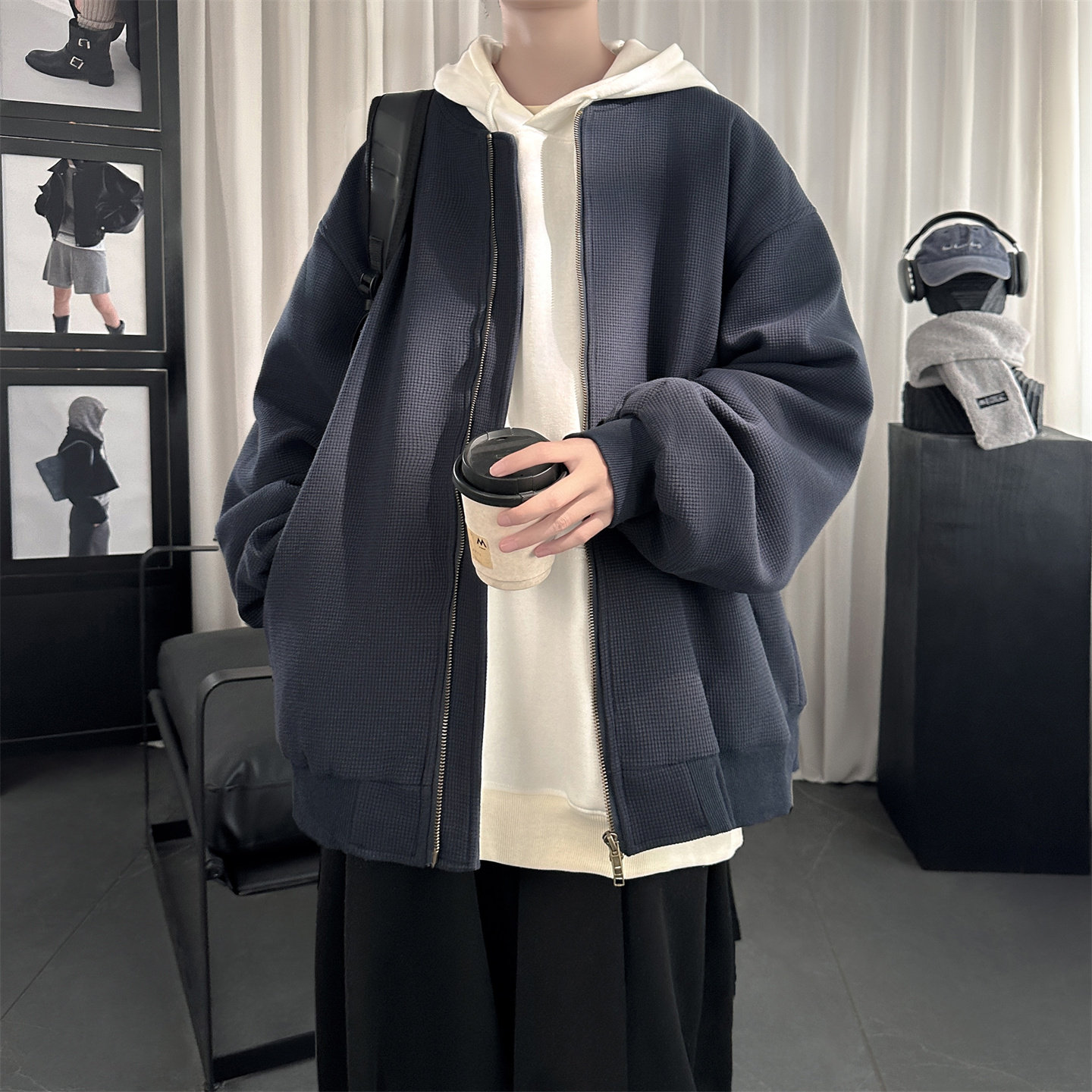 现货2026日系痞帅华夫格宽松休闲棒球立领夹克衫外套NK828-P89，男装夹克，星座1017