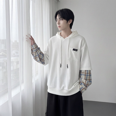 现货 春季连帽卫衣男潮牌ins假两件拼接格子慵懒风 W8212-P68