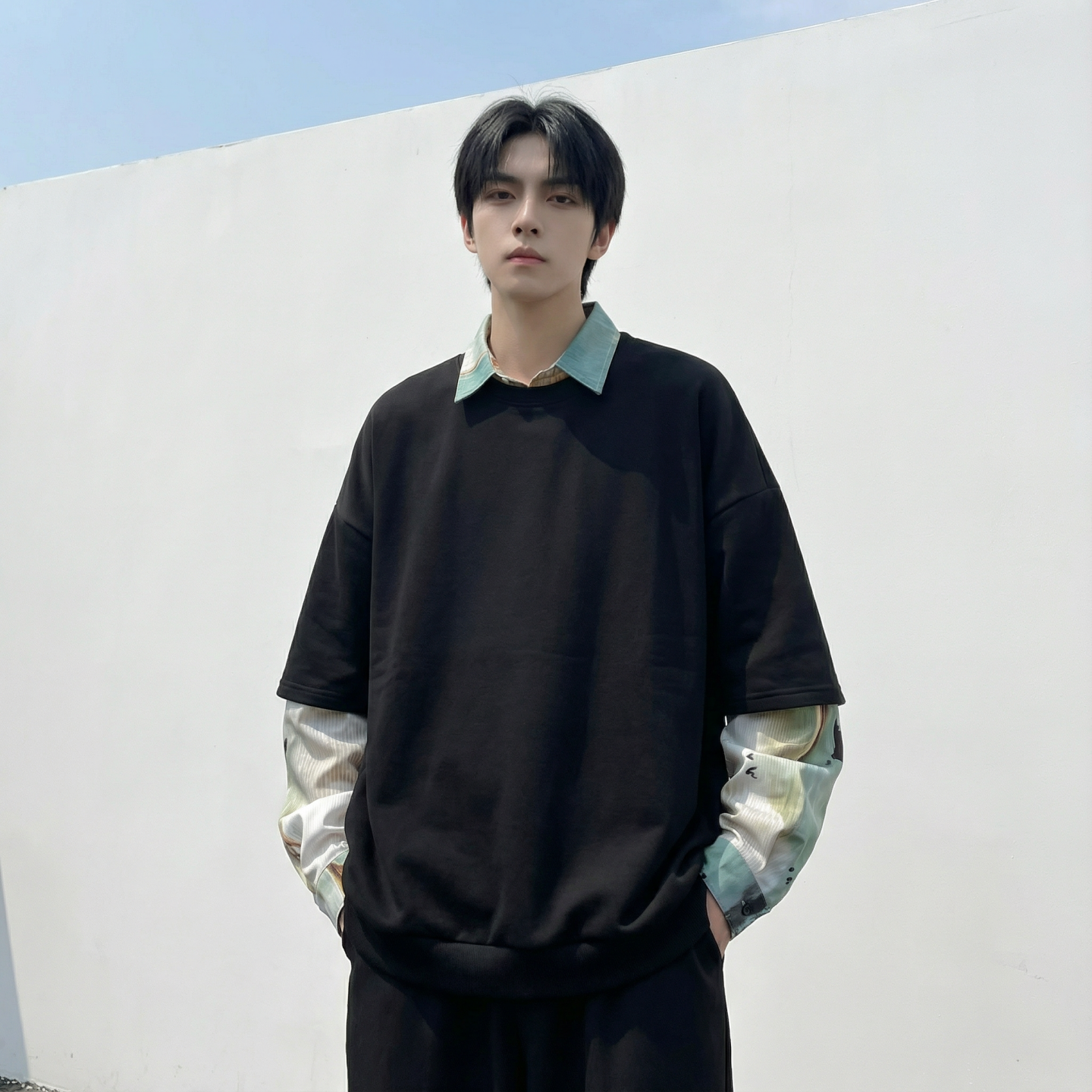 现货慵懒假两件衬衫领卫衣日系情侣碎花上衣A881-P65，男装衬衫，星座1017