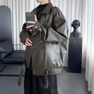 复古中性翻领皮衣外套秋冬PU夹克酷飒机车服 F8102-P128图片