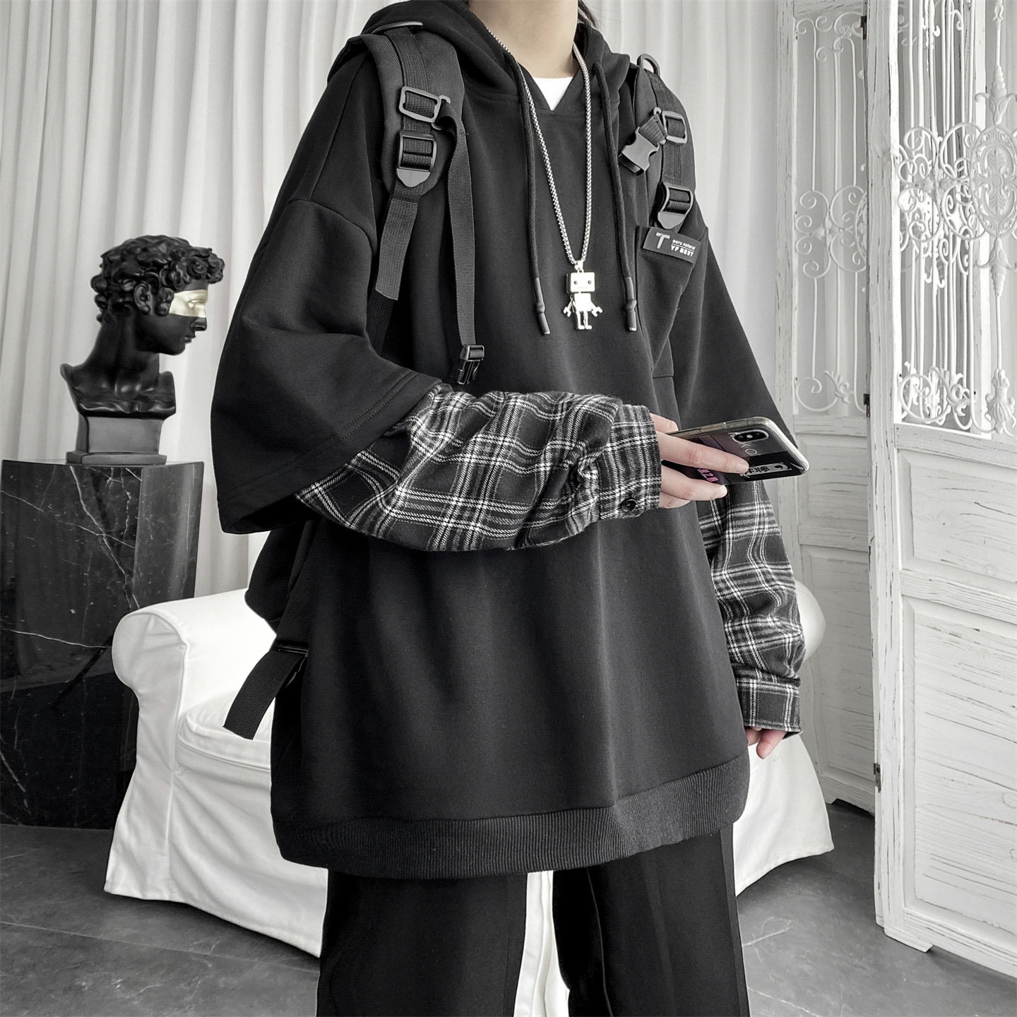 现货春季连帽卫衣男潮牌ins假两件拼接格子慵懒风W8212-P68，男装卫衣，星座1017