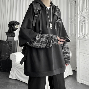 现货 春季连帽卫衣男潮牌ins假两件拼接格子慵懒风 W8212-P68，男装卫衣，星座1017