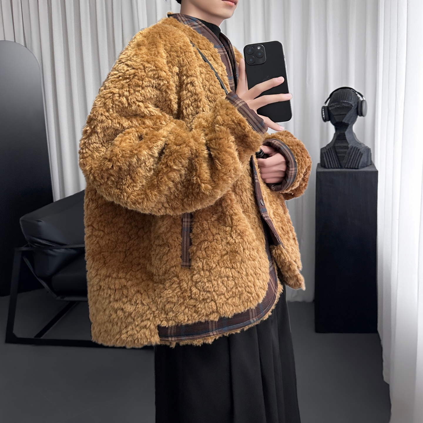 复古拼接格纹椰壳扣保暖环保羊毛绒外套 M7126-P148