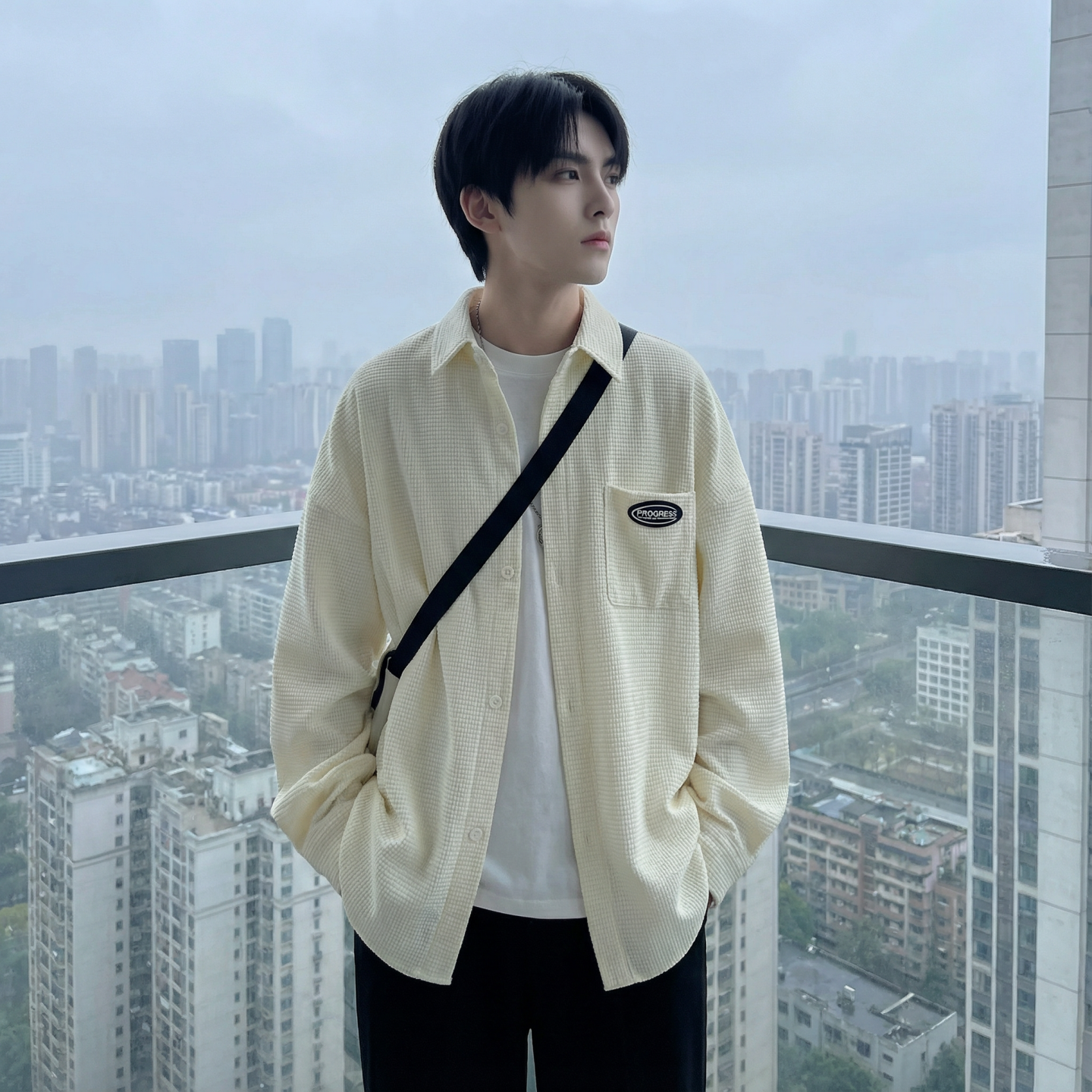 现货华夫格衬衫长袖潮流港风痞帅休闲衬衣CS39-P58，男装衬衫，星座1017