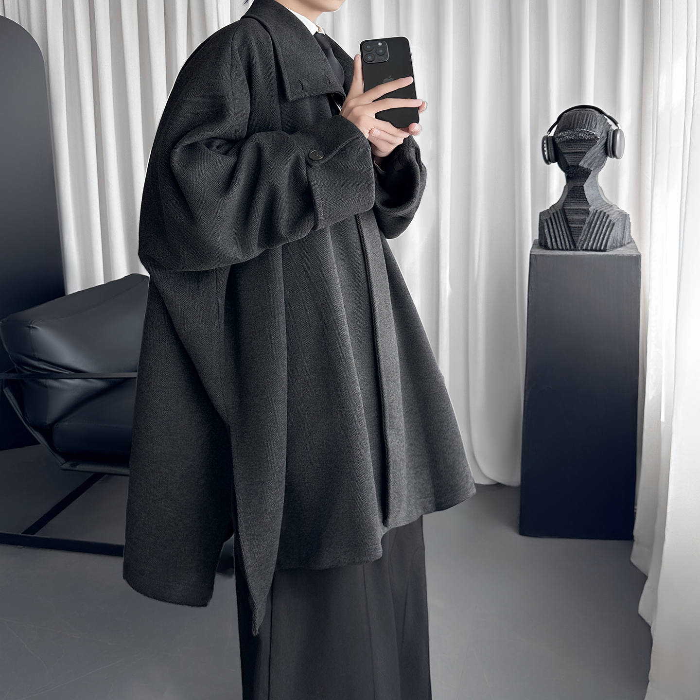 黑色宽松中长款外套高领斗篷开叉大衣F9135-P138，女装短外套，星座1017