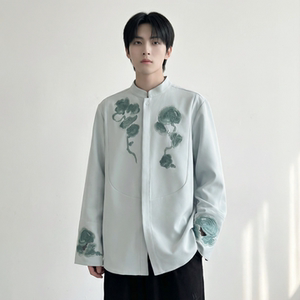 现货春款风灵芝刺绣宽松休闲立领长袖青灰色衬衣 SA783-P88图片