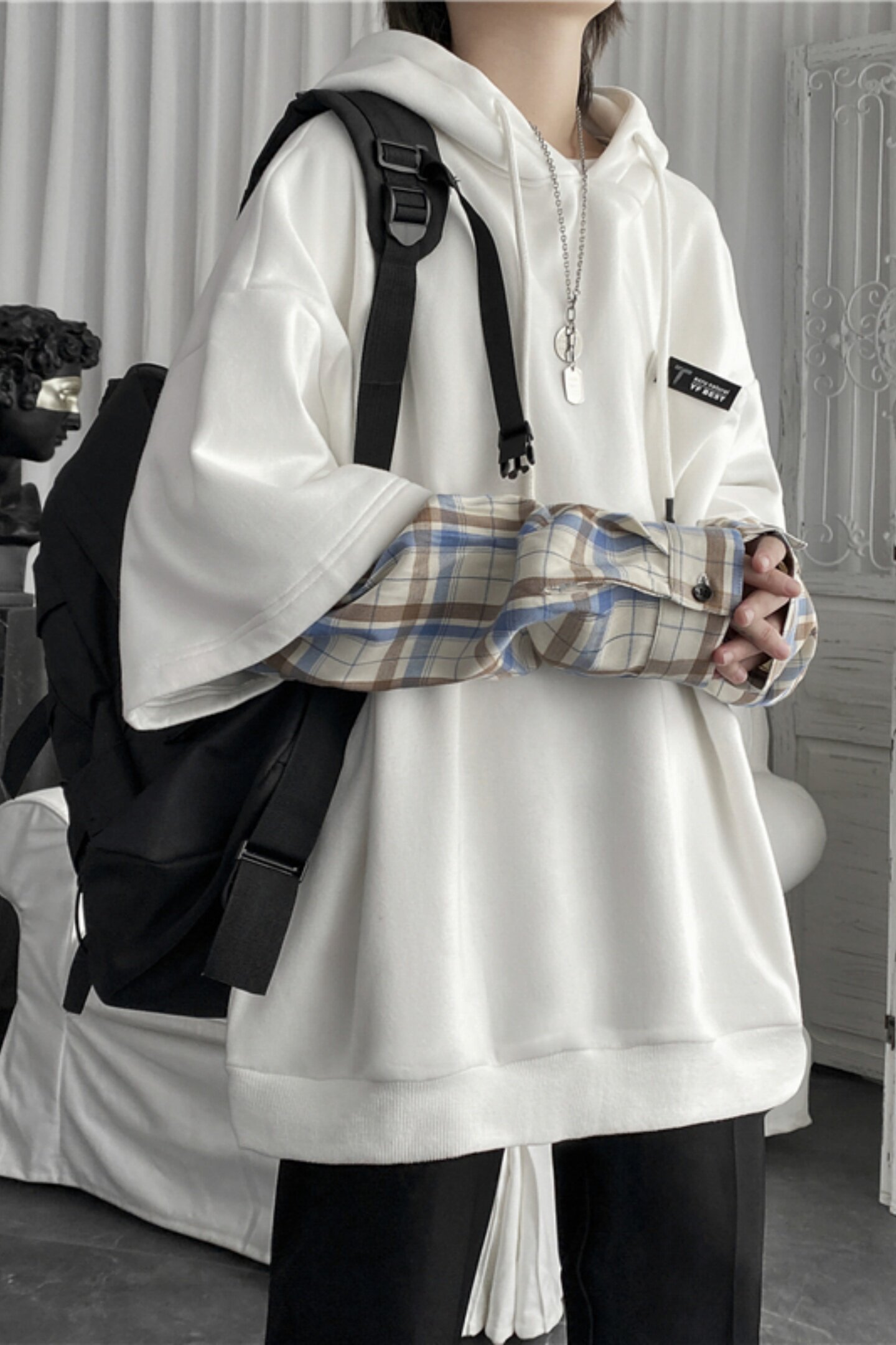 现货春季连帽卫衣男潮牌ins假两件拼接格子慵懒风W8212-P68,男装卫衣,星座1017