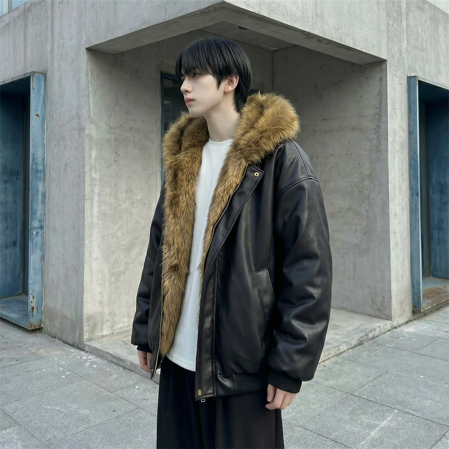 现货痞帅皮衣两面穿外套新款加厚PU皮毛一体机车外套M2483-P138，男装皮衣，星座1017