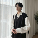 现货假两件长袖衬衫宽松衬衣港风休闲百搭上衣GK25-P58，男装衬衫，星座1017