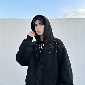 现货烫钻可拆卸领带设计连帽卫衣重磅细闪宽松慵懒外套 W2056-P89，女装短外套，星座1017