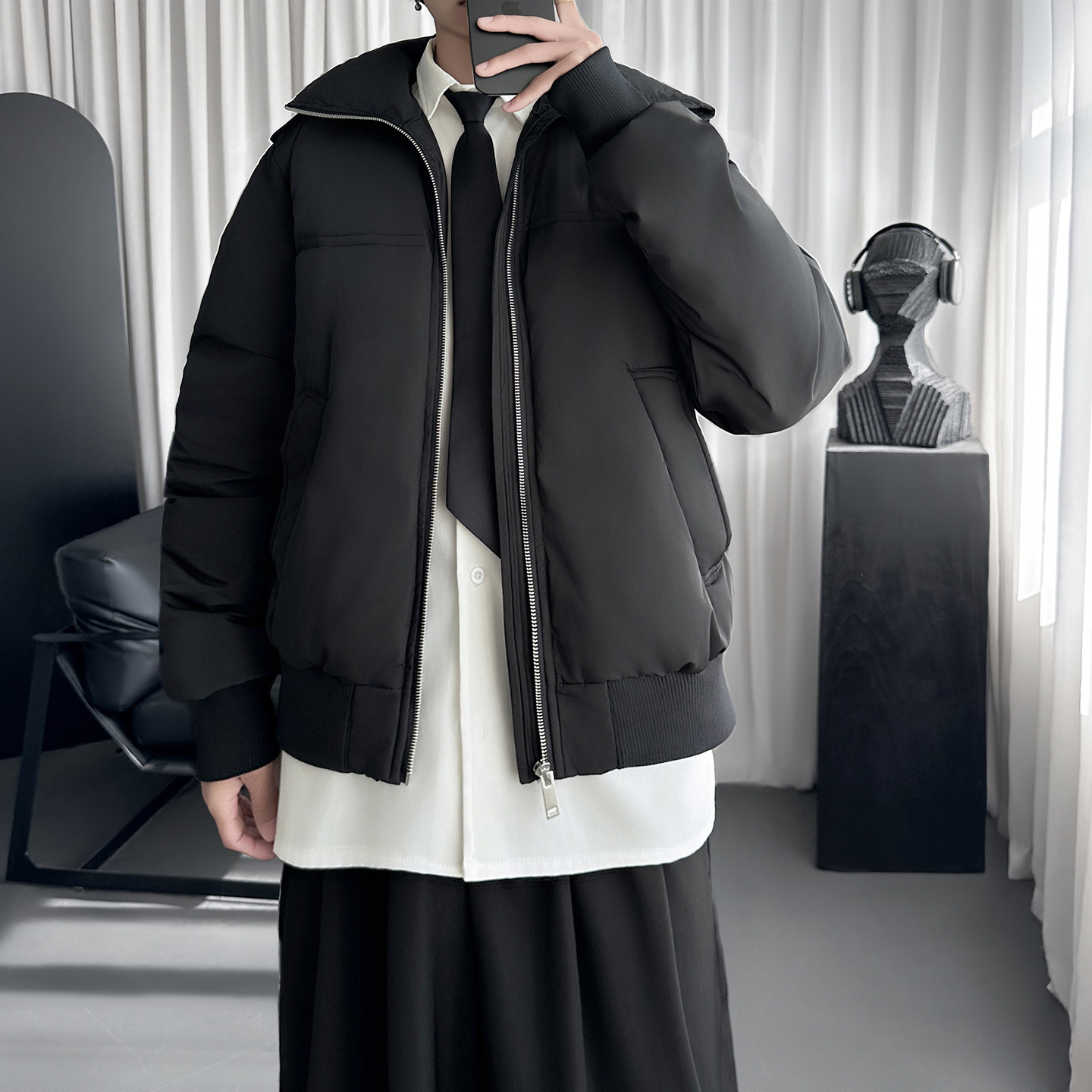 三防短款肩章碳黑色围巾领拉链棉服M2051-P138,男装棉衣,星座1017