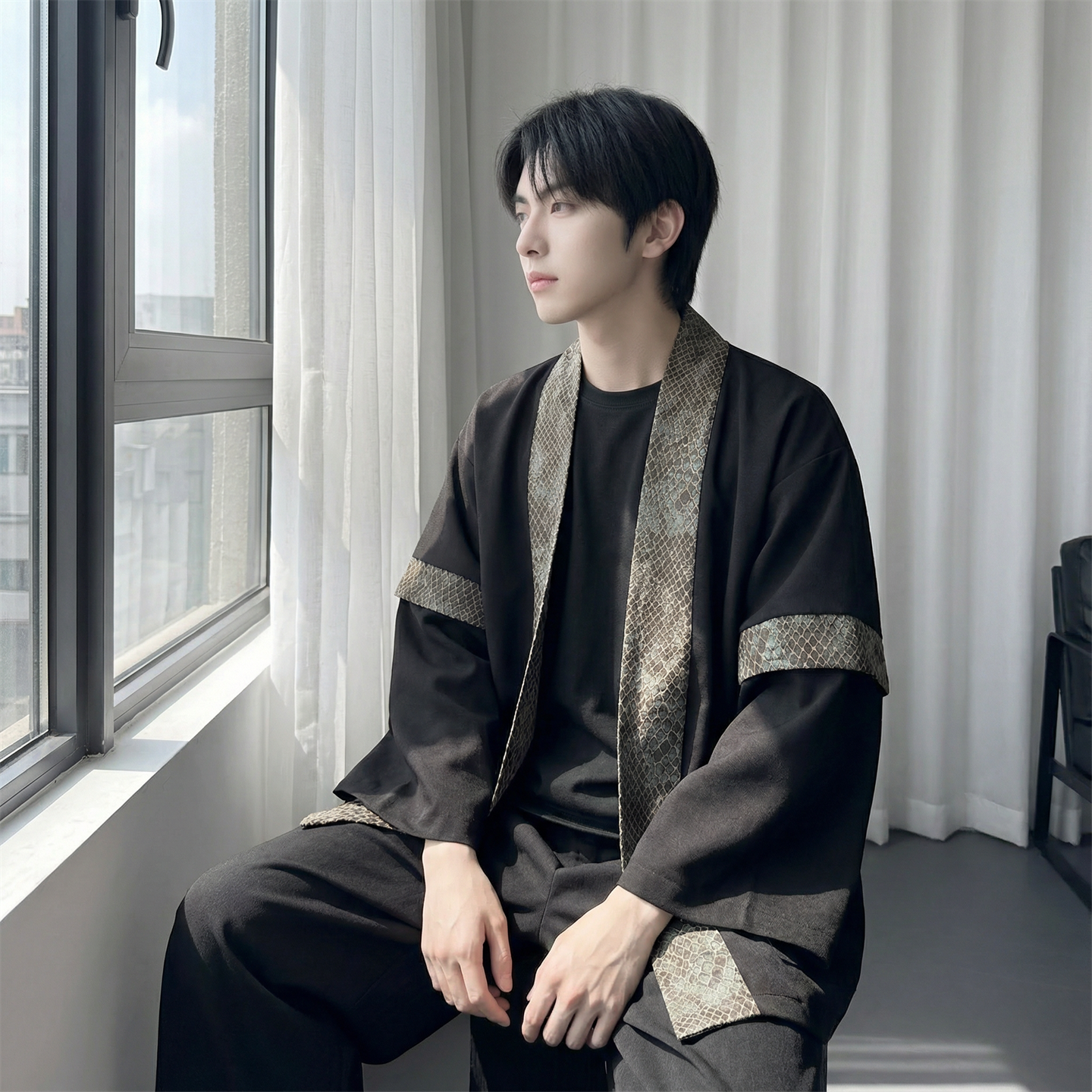 现货春秋风蟒纹印花拼接男士道袍汉服D3206-P78，男装民族服装，星座1017