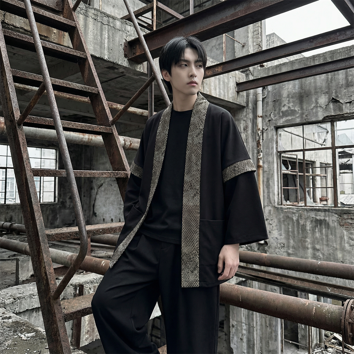 现货春秋风蟒纹印花拼接男士道袍汉服D3206-P78，男装民族服装，星座1017