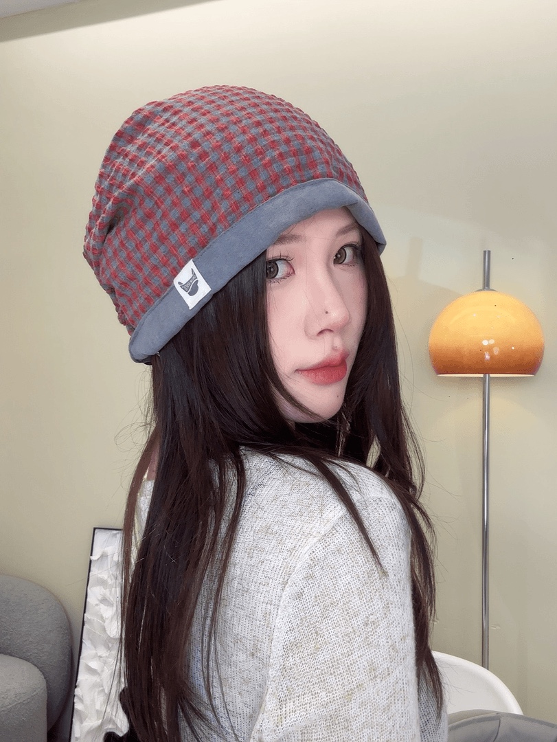 日系复古双面格纹堆堆帽子女2025新款春秋时髦包头帽显脸小冷帽潮