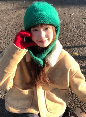 【绿色飞行帽】手工钩织毛线针织帽网红平替拉毛雷锋帽可爱护耳帽