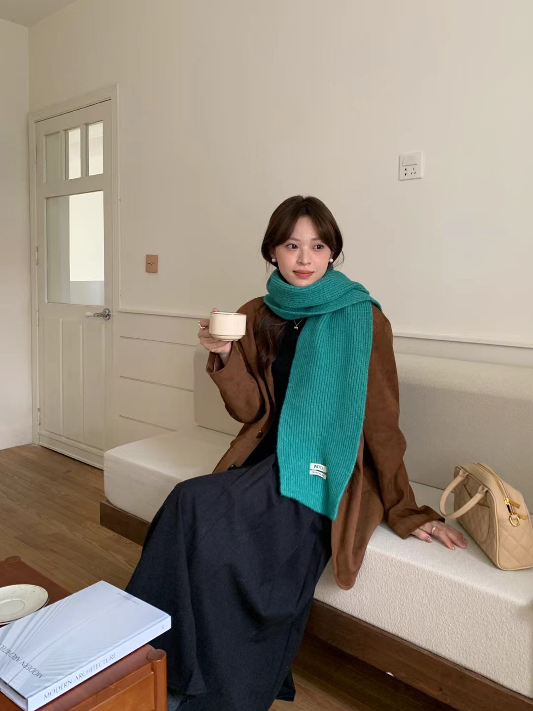 显白圣诞绿色围巾冬季新款韩版百搭日系纯色针织保暖加厚围脖女潮