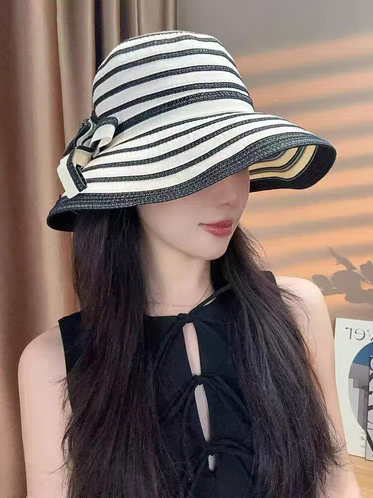韩版优雅条纹渔夫帽子女夏季大檐遮阳防晒帽可折叠沙滩帽女显脸小