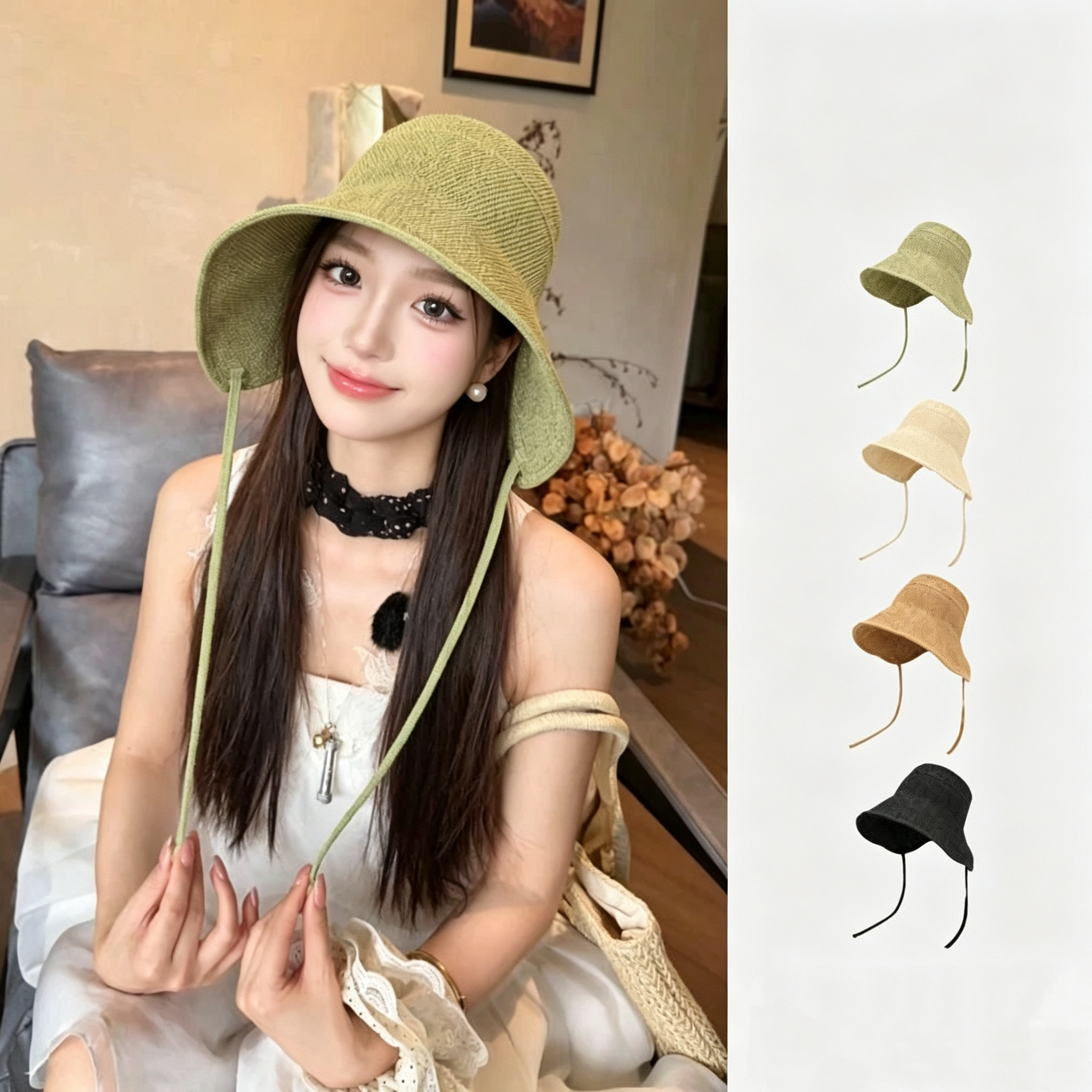 【抖音博主同款草编麻遮阳帽】女夏季大帽檐度假出游显脸小大檐帽