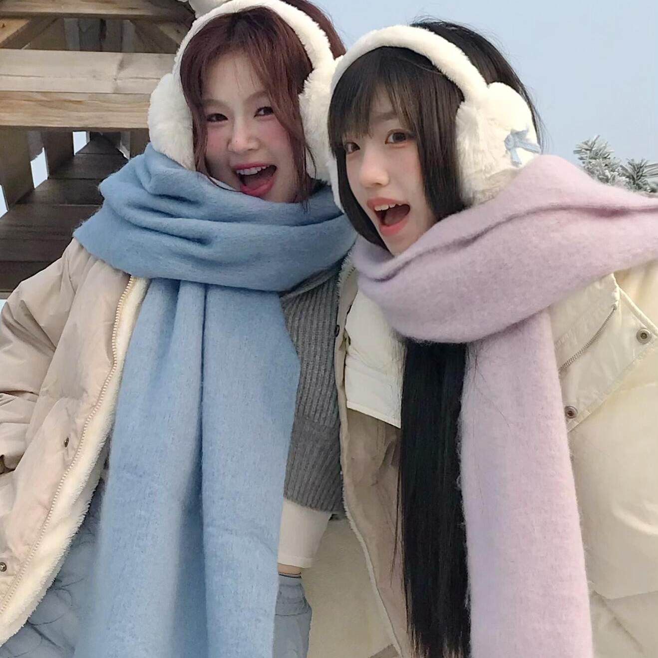 【新品促销】baby蓝奶呼呼纯色围巾秋冬保暖百搭长款流苏围脖女