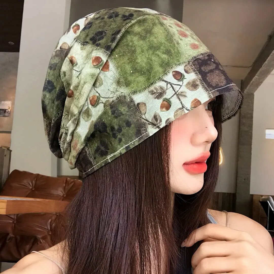 森系橡果拼布堆堆帽女春夏薄款复古包头帽大头围显脸小透气冷帽
