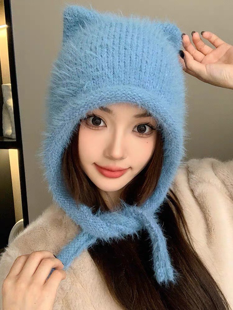 可爱立体猫耳朵帽子女秋冬季马海毛针织帽保暖护耳帽防寒毛线帽潮