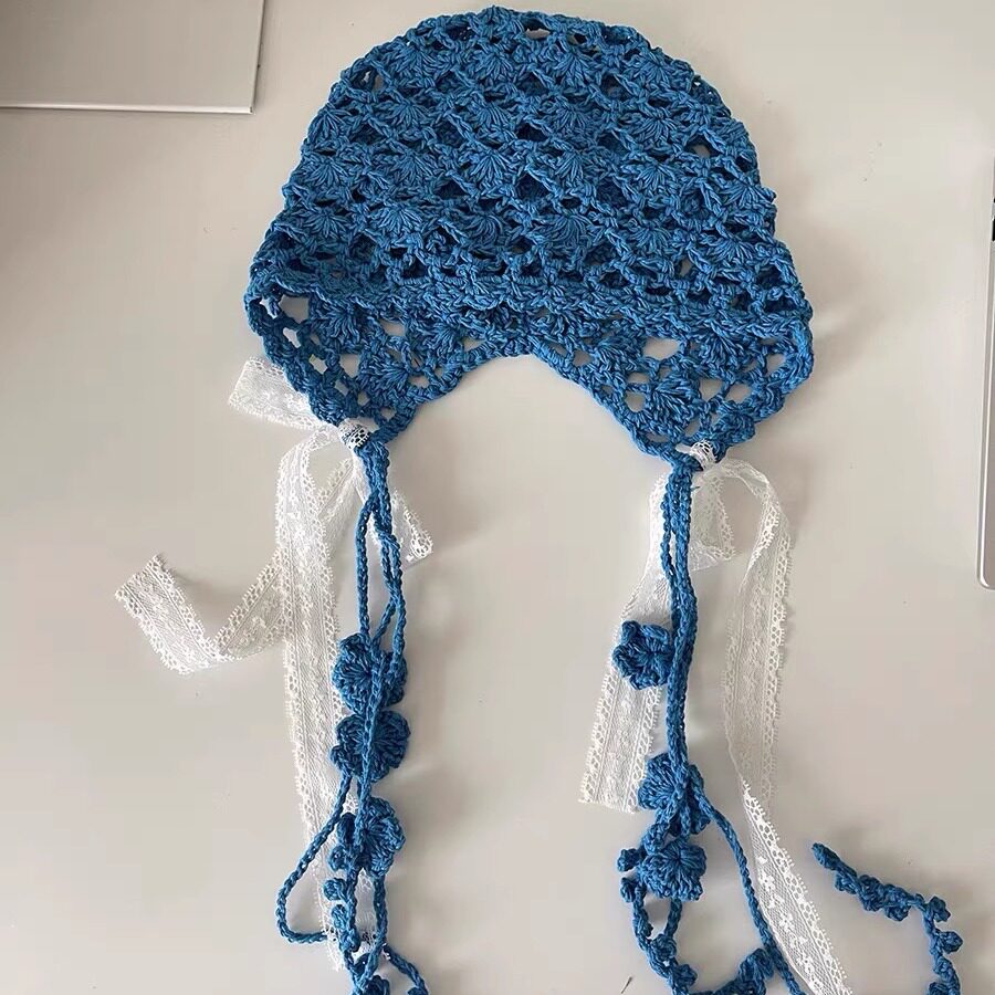 韩系ins手工编织蕾丝蝴蝶结头巾帽女夏季镂空透气流苏针织毛线帽