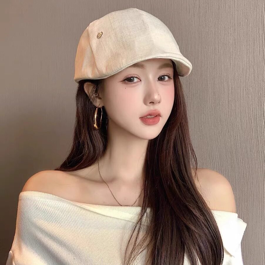 日系文艺棉麻前进帽女夏季薄款透气防晒鸭舌报童帽复古百搭贝雷帽