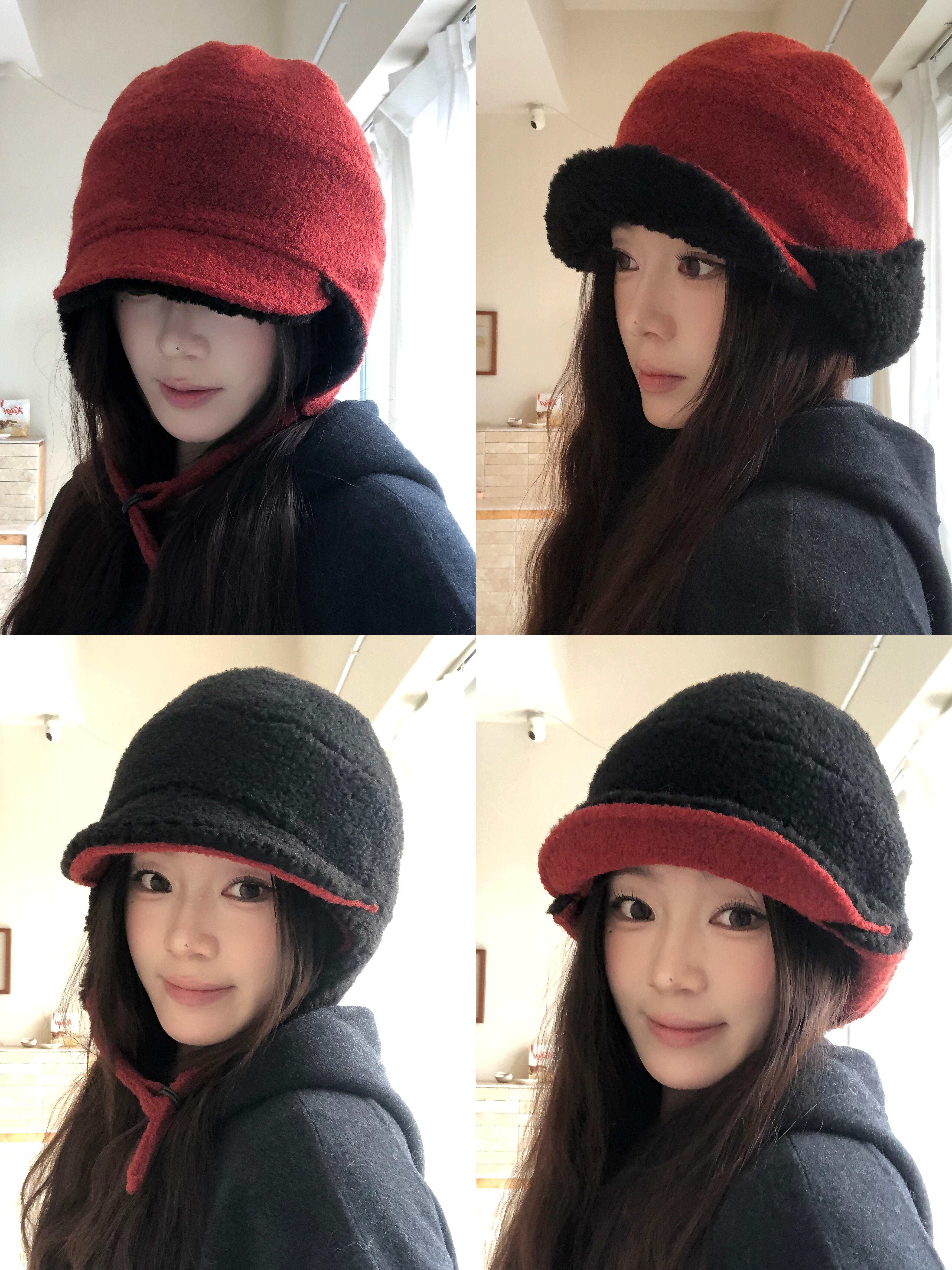 明星同款保暖羊毛混纺护耳飞行帽红黑双面戴秋冬雷锋帽渔夫帽子女