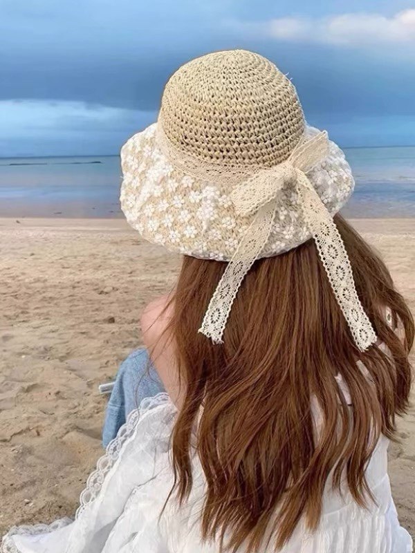 草帽女新款日系小清新蕾丝草编帽子夏季出游防晒帽大檐沙滩遮阳帽