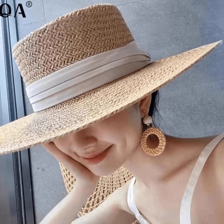 FVQA巴拿馬草編禮帽女夏季海邊遮陽度假風(fēng)英倫復(fù)古大帽檐平頂草帽