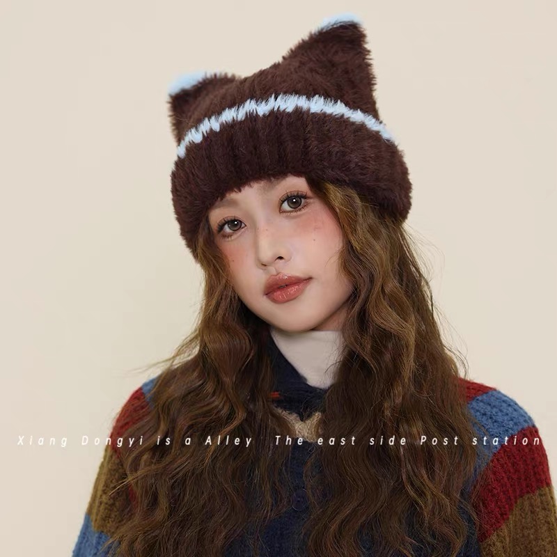 可爱毛绒猫耳帽子女生冬季保暖护耳显脸小针织帽