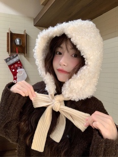 羊羔毛可爱圣诞新年款 毛绒保暖防寒绑带帽子女 包头护耳帽2023新款