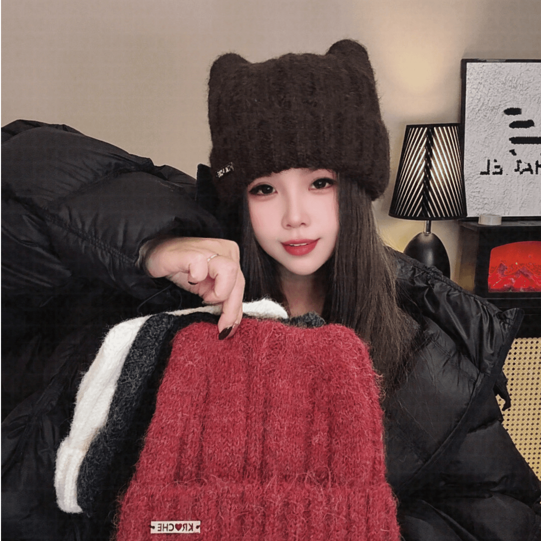 可爱简约小铁标猫耳朵针织帽女秋冬保暖护耳毛线帽显脸小大头围男