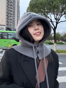 纽扣拉法帽女防风时髦帽子+护脖两用针织帽冬季保暖克拉巴拉法帽