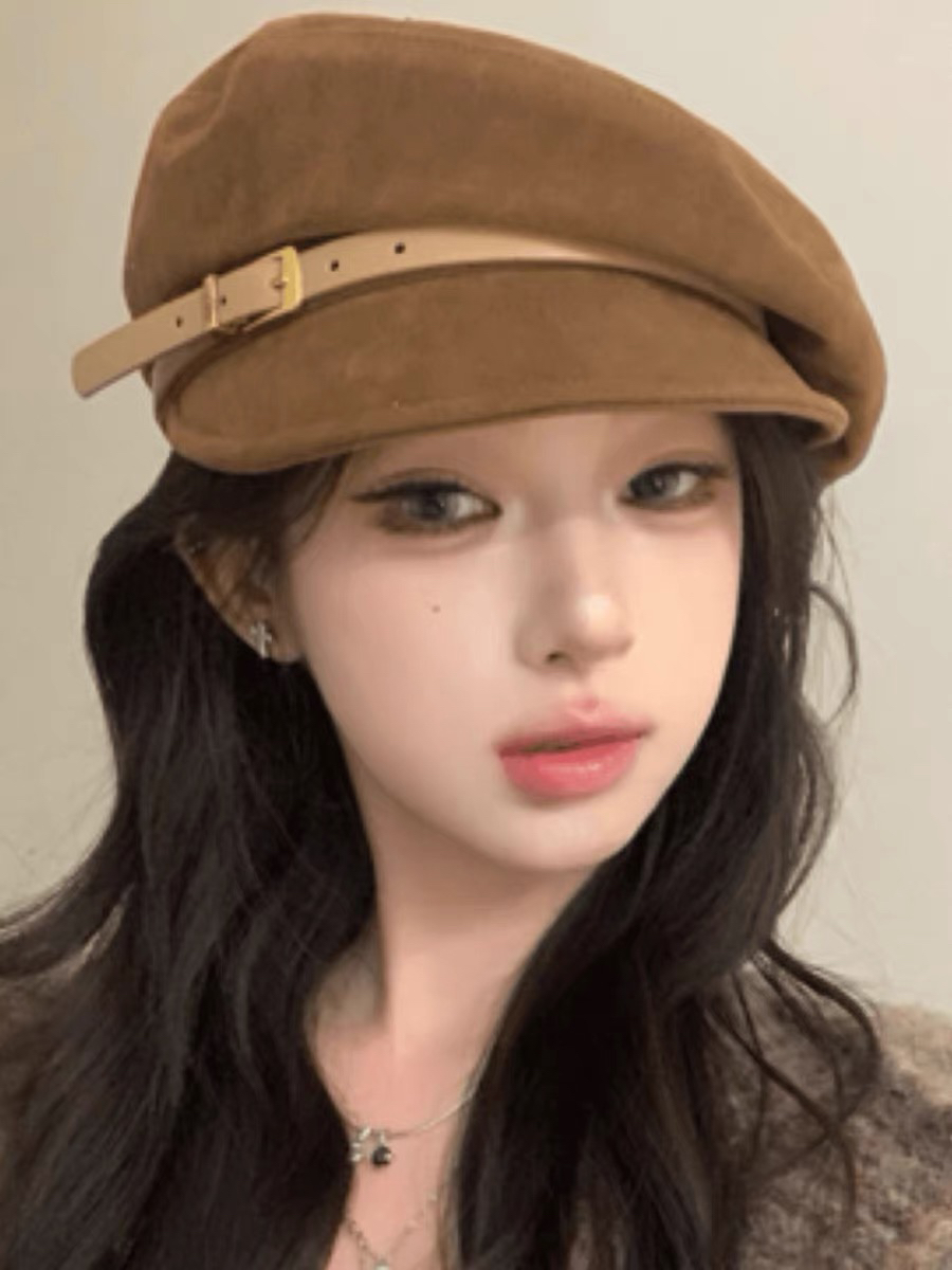 美拉德风皮带扣大头围报童帽女2024新款秋冬日系翻毛皮保暖鸭舌帽