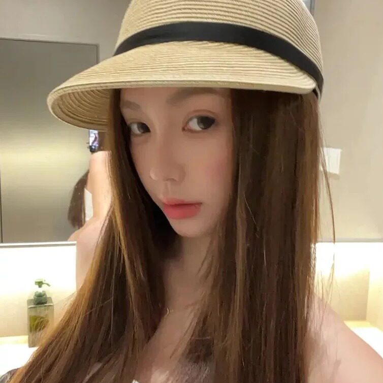 日系简约草编鸭舌帽女气质黑丝带蝴蝶 结短檐帽防晒 透气度假草帽