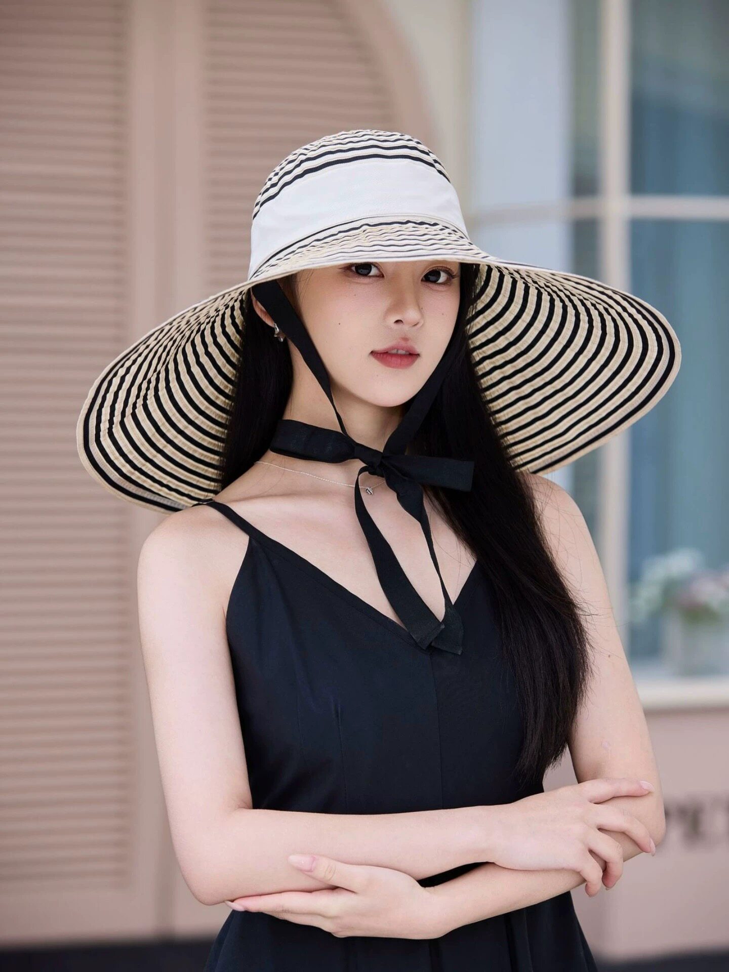 新款黑白条纹空顶防晒帽女夏季大帽檐遮阳帽可折叠海边度假沙滩帽