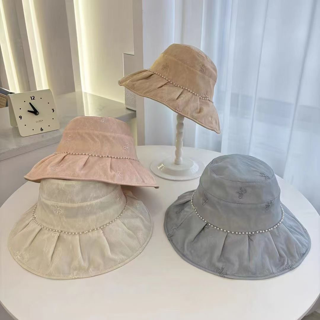 可折叠珍珠荷叶边渔夫帽女韩版透气遮阳防晒太阳帽网红大檐空顶帽