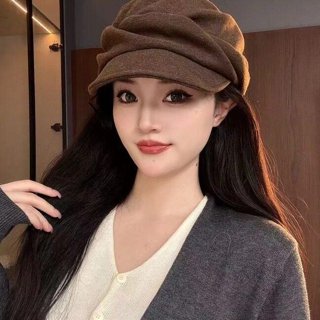 复古百搭褶皱平顶帽女秋冬日系堆堆帽短檐舒适时尚帽子情侣休闲