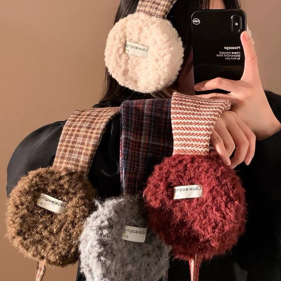 复古韩系针织毛绒耳套女秋冬防寒保暖耳罩系带耳暖条纹款手韩系